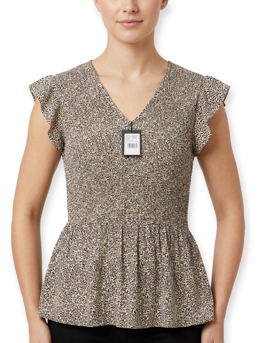 Adrianna Papell Beige and Black V-Neck Flutter Sleeve Peplum Top